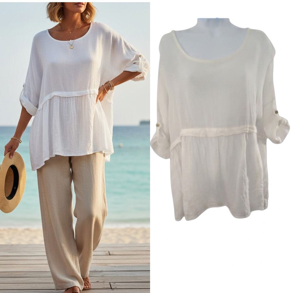 Colette Linen Tunic Top 2X White Made in Italy Boho Minimalist Blouse